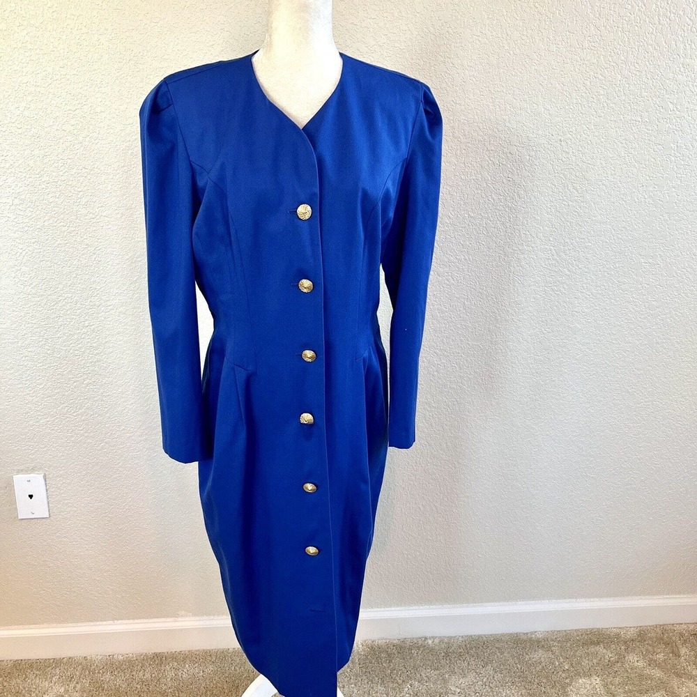 Vintage Cynthia Howie Royal Blue Pinup Dress Size 14 Gold Button Front Made USA